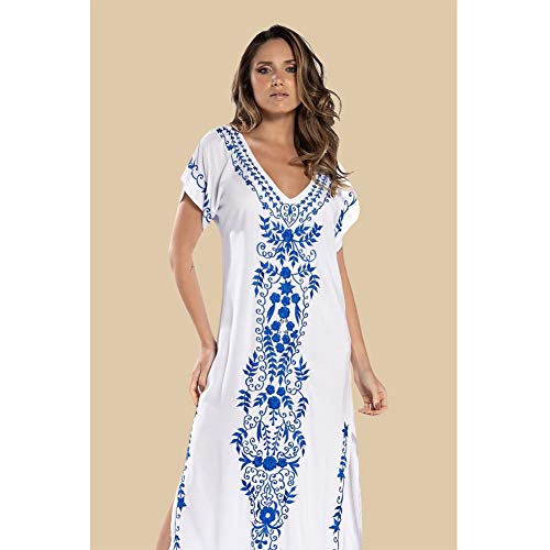 Lazz1on Kaftan Vestido Largo de Playa Mujer Largo Túnica Pareo Bikini Cover Up Boho Traje de Baño Blusa (Blanco)
