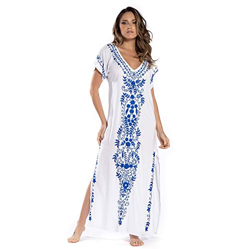 Lazz1on Kaftan Vestido Largo de Playa Mujer Largo Túnica Pareo Bikini Cover Up Boho Traje de Baño Blusa (Blanco)