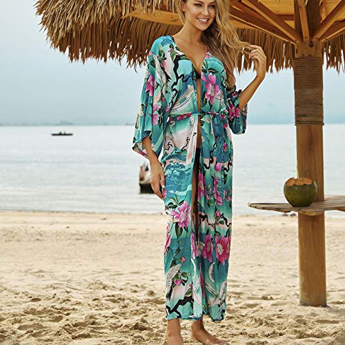 YouKD Verano Algodón Floral Kaftan Largo Kimono Bohemio Playa Traje de Baño Vestido Largo para Mujer