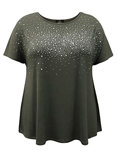 LEEBE Mujer Talla Grande - Blusa de Manga Corta con Diamante de Imitación (1XL-5XL) (1XL (46-48), Oliva Verde)