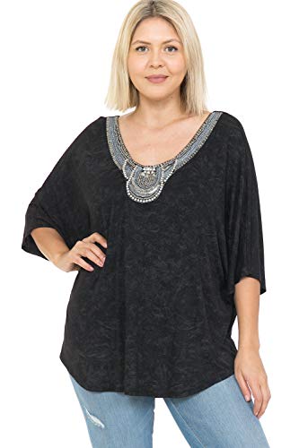 LEEBE Mujer Talla Grande - Blusa de Media Manga Dolman Embellecido (1XL-5XL) (5XL (62-64), Negro)