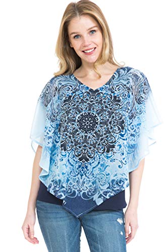 LEEBE Mujer Talla Grande - Poncho Blusa de Chiffon (1XL-5XL) (1XL (46-48), Paisley Azul)