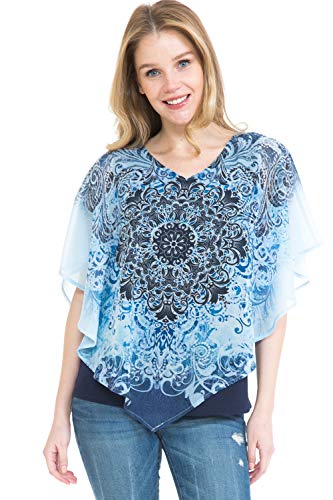 LEEBE Mujer Talla Grande - Poncho Blusa de Chiffon (1XL-5XL) (2XL (50-52), Paisley Azul)