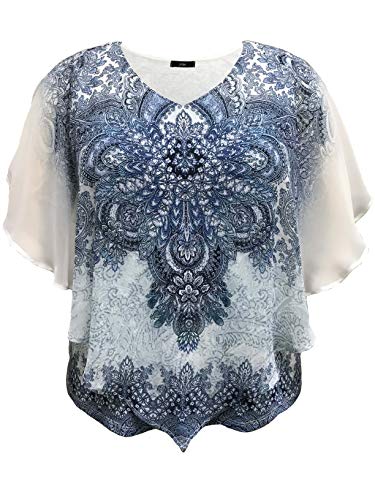 LEEBE Mujer Talla Grande - Poncho Blusa de Chiffon (1XL-5XL) (2XL (50-52), Paisley Azul)
