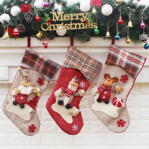 Leipple Calcetín de Navidad 3 Piezas -48 cm grandes medias navideñas para chimenea, árbol de Navidad -bolsa de regalo para calcetines, bolsa para dulces con Papá Noel, muñeco de nieve, reno
