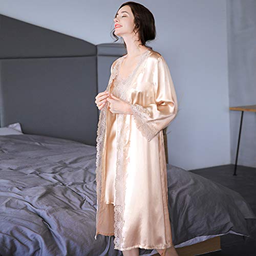 LEIQIA 100% Seda Batas Mujer Sexy Encaje Conjuntos Mujer Camisón Lencería Pijama de Seda Cuello V Ropa Dormir Champagne XS