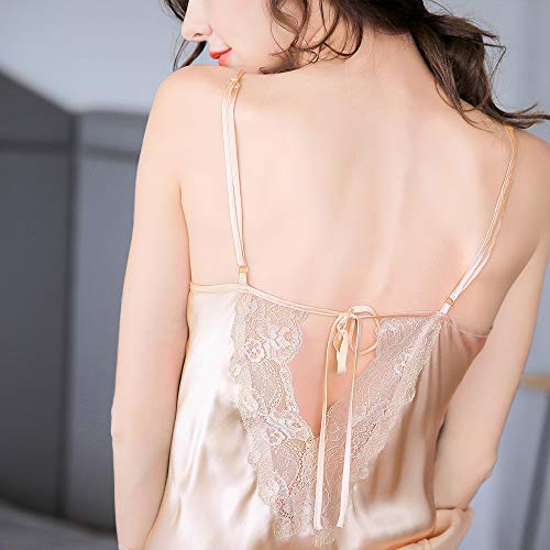 LEIQIA 100% Seda Batas Mujer Sexy Encaje Conjuntos Mujer Camisón Lencería Pijama de Seda Cuello V Ropa Dormir Champagne XS