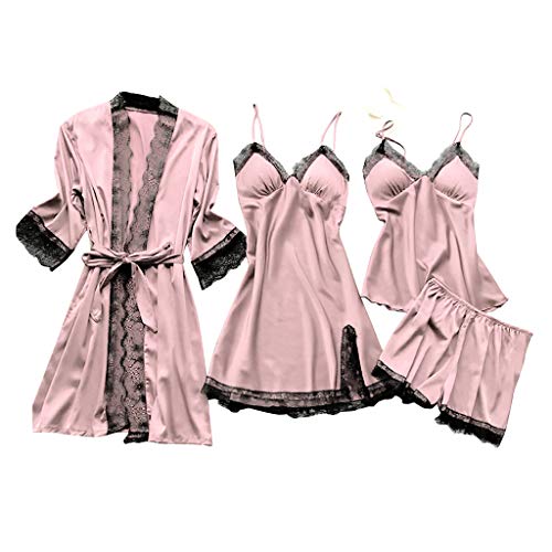 Lencería de Encaje Mujer Set Vestido de Seda Babydoll Ropa de Dormir Camisón 4 Conjuntos de Pijamas de Seda Sexy Todo el año Bata de baño Seda Artificial