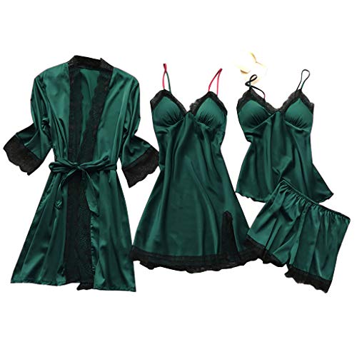 Lencería de Encaje Mujer Set Vestido de Seda Babydoll Ropa de Dormir Camisón 4 Conjuntos de Pijamas de Seda Sexy Todo el año Bata de baño Seda Artificial