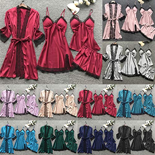 Lencería de Encaje Mujer Set Vestido de Seda Babydoll Ropa de Dormir Camisón 4 Conjuntos de Pijamas de Seda Sexy Todo el año Bata de baño Seda Artificial