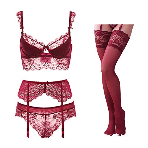 Lencería de Las Mujeres 4 Piezas Bra Sexy Bragas Liguero Stocking Temptation Set (ES:85B=EU:70B, Rojo)