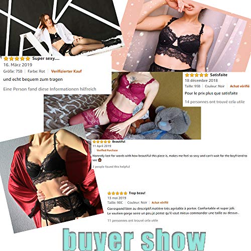 Lencería de Las Mujeres 4 Piezas Bra Sexy Bragas Liguero Stocking Temptation Set (ES:85B=EU:70B, Rojo)