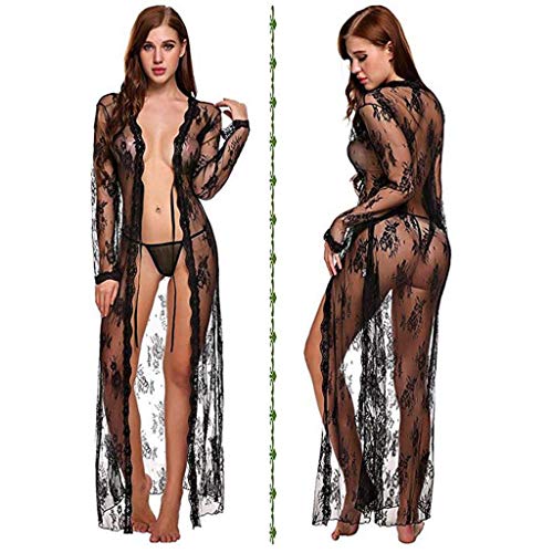 Lenceria para Mujeres 2019 Nuevo SHOBDW Pareos Casual Color Sólido Cover Up Transparentes Sexy Pijamas Encaje Vestido Largo Cardigans Mujer Kimono(Negro,M)