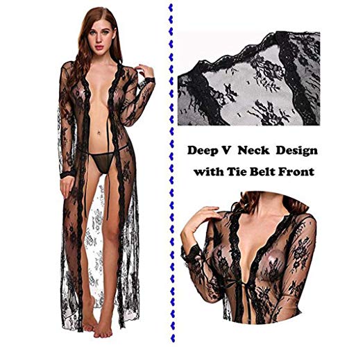 Lenceria para Mujeres 2019 Nuevo SHOBDW Pareos Casual Color Sólido Cover Up Transparentes Sexy Pijamas Encaje Vestido Largo Cardigans Mujer Kimono(Negro,M)