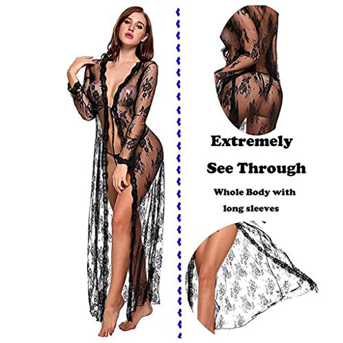 Lenceria para Mujeres 2019 Nuevo SHOBDW Pareos Casual Color Sólido Cover Up Transparentes Sexy Pijamas Encaje Vestido Largo Cardigans Mujer Kimono(Negro,S)