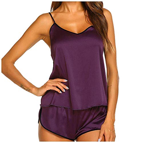 Lenceria sexyPijamas de Seda para Mujer, Camisones de satén Sexis, Pijama con Tirantes, Pantalones Cortos, Conjunto de lencería, пижама женская, Pijama Mujer -Purple_M