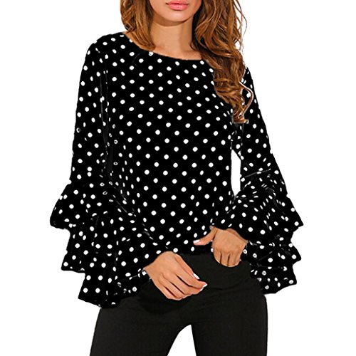 Lenfesh Casual de Mujer Solid Camisa Manga Larga Blusa Camisas con Volantes (Negro, M)