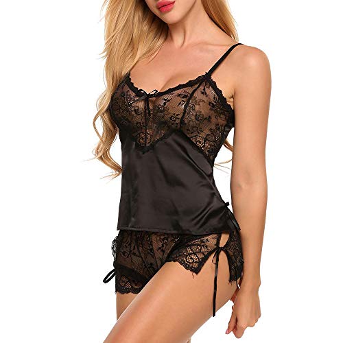 Lenfesh Lencería De Dormir elástico Suave Camisones Encaje Transparente Camisón Conjunto Talla Grande Pijamas Ropa Interior Sexy para Mujer