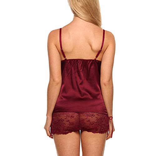 Lenfesh Lencería De Dormir elástico Suave Camisones Encaje Transparente Camisón Conjunto Talla Grande Pijamas Ropa Interior Sexy para Mujer (XXL, Vino-1)