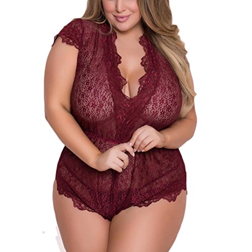 Lenfesh Lencería Erotica Mujer Talla Grande, lencería Atractivo de Dormir erótica Ropa Interior Bodysuit Translúcido (5XL, Rojo)