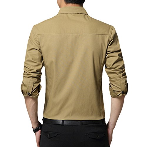 LEOCLOTHO Camisa Casual Manga Larga para Hombre Estilo Militar Slim Fit Color Sólido Camisas con Botones Verde Oscuro L