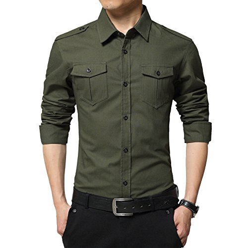LEOCLOTHO Camisa Casual Manga Larga para Hombre Estilo Militar Slim Fit Color Sólido Camisas con Botones Verde Oscuro L