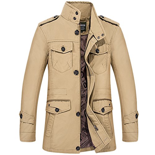 LEOCLOTHO Hombre Chaqueta de Estilo Militar Casual Multi-Bolsillo Collar del Soporte Invierno Parka Abrigo Caqui L