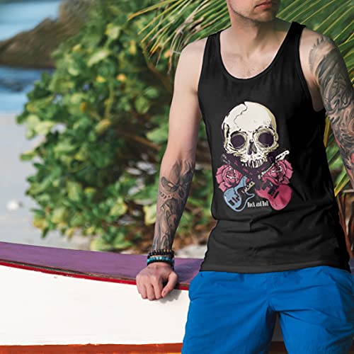 lepni.me Camisetas de Tirantes para Hombre Guitarras, Calavera, Rosas - Amantes del Concierto de Rock & Roll (L Negro Multicolor)