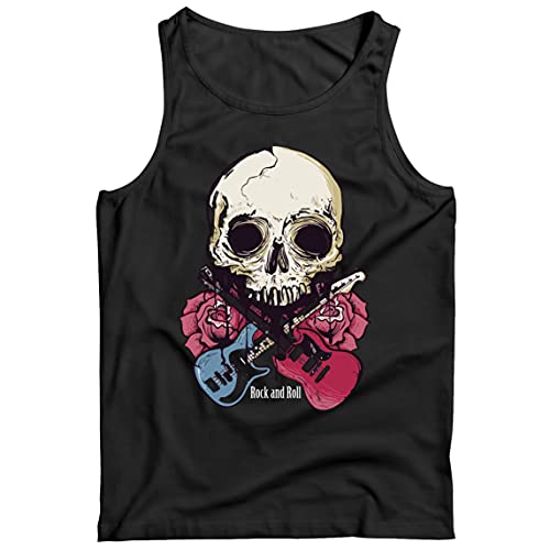 lepni.me Camisetas de Tirantes para Hombre Guitarras, Calavera, Rosas - Amantes del Concierto de Rock & Roll (L Negro Multicolor)
