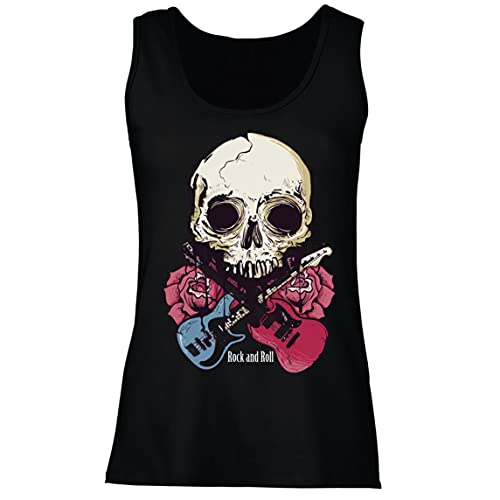 lepni.me Camisetas sin Mangas para Mujer Guitarras, Calavera, Rosas - Amantes del Concierto de Rock & Roll (XL Negro Multicolor)