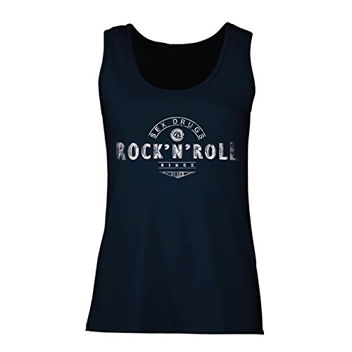 lepni.me Camisetas sin Mangas para Mujer Sex Drugs and Rock and Roll - 1960s, 1970s, 1980s - Banda de Rock Vintage - Musicalmente - Ropa de Concierto (Small Azul Multicolor)