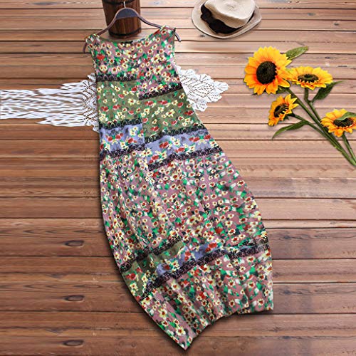 Lialbert - Vestido de playa para mujer, cuello redondo, con estampado de flores, vestido elegante, vestido de camisola, Maxikleider, estampado de flores, tallas grandes, sin mangas A-rosa 46