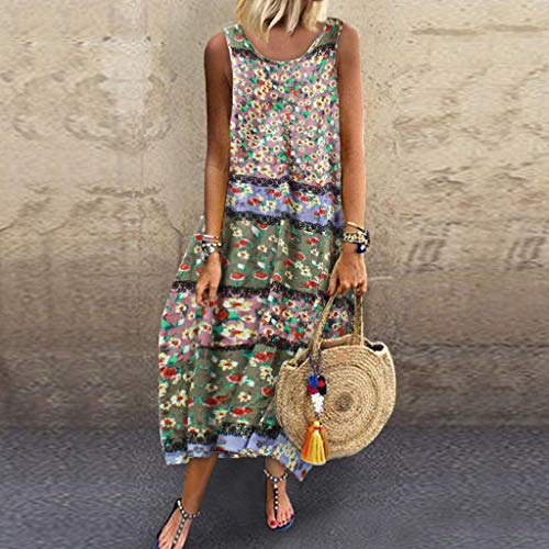 Lialbert - Vestido de playa para mujer, cuello redondo, con estampado de flores, vestido elegante, vestido de camisola, Maxikleider, estampado de flores, tallas grandes, sin mangas A-rosa 46