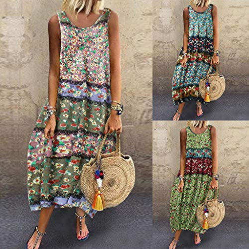 Lialbert - Vestido de playa para mujer, cuello redondo, con estampado de flores, vestido elegante, vestido de camisola, Maxikleider, estampado de flores, tallas grandes, sin mangas A-rosa 46