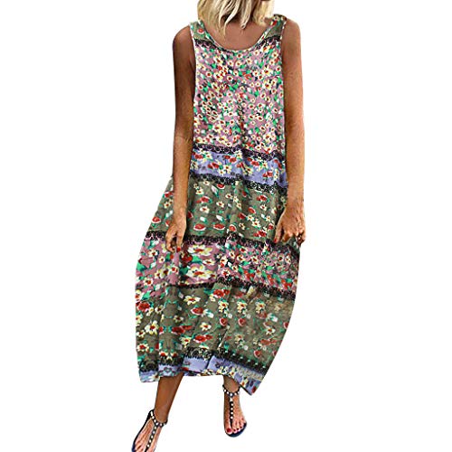Lialbert - Vestido de playa para mujer, cuello redondo, con estampado de flores, vestido elegante, vestido de camisola, Maxikleider, estampado de flores, tallas grandes, sin mangas A-rosa 46