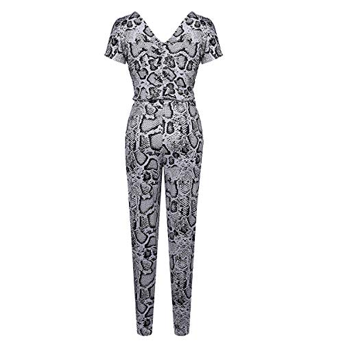 LianMengMVP Monos Largos Fiestas Mono con Cuello en V con Bolsillo y Cinturon para Mujer Mono Estampado de Leopardo con Estampado de Serpiente Casual Monos Jumpsuit