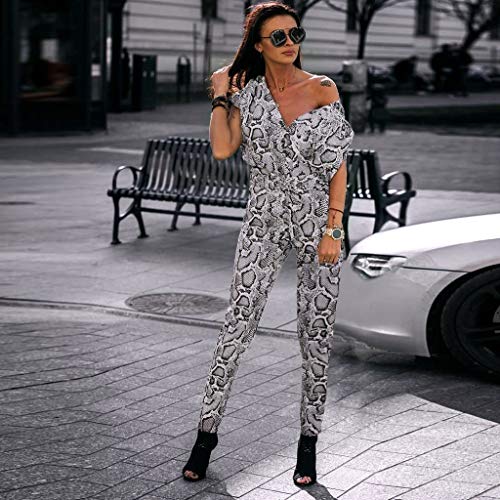 LianMengMVP Monos Largos Fiestas Mono con Cuello en V con Bolsillo y Cinturon para Mujer Mono Estampado de Leopardo con Estampado de Serpiente Casual Monos Jumpsuit