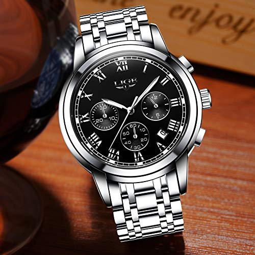 LIGE Relojes Hombres Cronógrafo Acero Inoxidable Cuarzo Analógico Reloj Vestido Negocios Deporte Impermeable Reloj de Pulsera para Hombres
