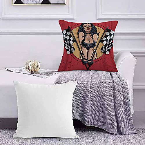 Lilatomer Funda de algodón 45 x 45 cm Pinup de Carreras con Banderas a Cuadros de una Chica Sexy en Bikini Saliendo del círcu Sofá Throw Cojín Almohada Caso de la Cubierta para Sala de Estar 45x45cm