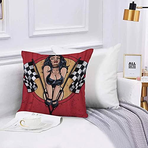 Lilatomer Funda de algodón 45 x 45 cm Pinup de Carreras con Banderas a Cuadros de una Chica Sexy en Bikini Saliendo del círcu Sofá Throw Cojín Almohada Caso de la Cubierta para Sala de Estar 45x45cm
