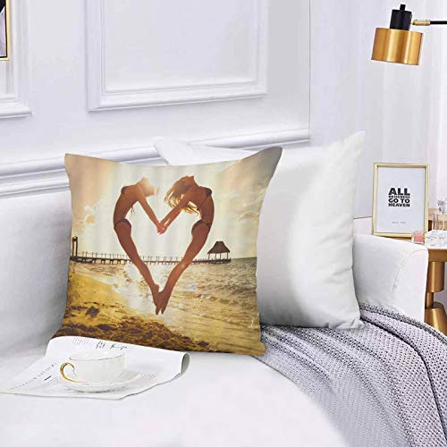 Lilatomer Funda de algodón 45 x 45 cm Playa Tropical Chica Sexy Amor Bikini en Forma de corazón Belleza Mujer Puente Puesta d Sofá Throw Cojín Almohada Caso de la Cubierta para Sala de Estar 45x45cm