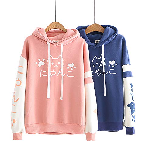 Linda Chicas Kawaii japonés Palabra Texto Dúo de Color Gato Kawaii Impresión Diseño Calentar Sudadera con Capucha de Verano