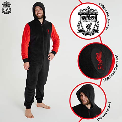 Liverpool F.C. Pijama Hombre de Una Pieza, Pijama Hombre Invierno Entero con Capucha, Pijama Mono Forro Polar, Regalos para Hombres y Adolescentes Talla M-3XL (L, Negro)