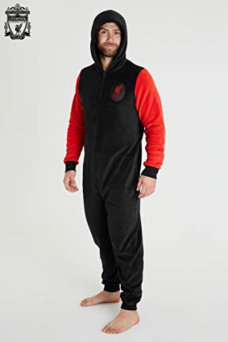 Liverpool F.C. Pijama Hombre de Una Pieza, Pijama Hombre Invierno Entero con Capucha, Pijama Mono Forro Polar, Regalos para Hombres y Adolescentes Talla M-3XL (L, Negro)