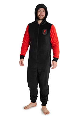 Liverpool F.C. Pijama Hombre de Una Pieza, Pijama Hombre Invierno Entero con Capucha, Pijama Mono Forro Polar, Regalos para Hombres y Adolescentes Talla M-3XL (L, Negro)