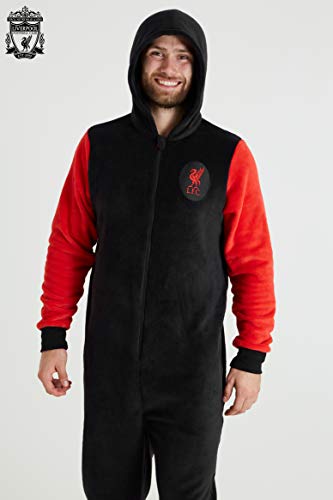 Liverpool F.C. Pijama Hombre de Una Pieza, Pijama Hombre Invierno Entero con Capucha, Pijama Mono Forro Polar, Regalos para Hombres y Adolescentes Talla M-3XL (L, Negro)