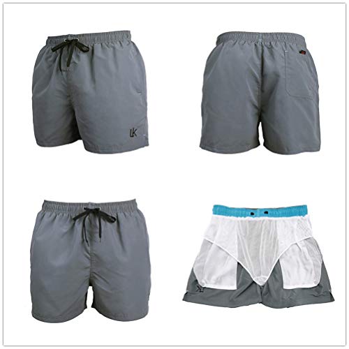 LK LEKUNI Bañador Hombre Pantalones de Playa con Forro con Cordón Traje de Baño Pantalón Ceñido_Gris_XL