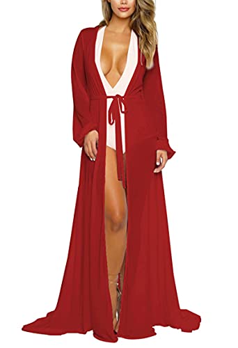 LKSDJ Vestido de Playa de Kimono de Gasa, cárdigan de rayón, Vestido Largo de Bikini, Vestido Largo Fluido, Bata de Frente Abierta con cinturón Red L