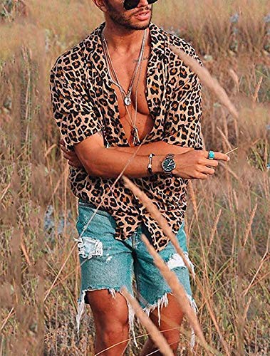 Loalirando Camisa de hombre de manga corta para hombre Slim Fit camisetas hombre estampado leopardo (S-3XL) Leopard XXL