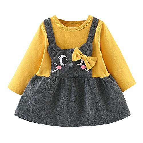 Logobeing Ropa Bebe Niña Manga Larga Arco de Dibujos Animados Gato Impresión Fiesta Princesa Vestido Tops Vestido de Fiesta Princesa (12-18 Mes, Amarillo)